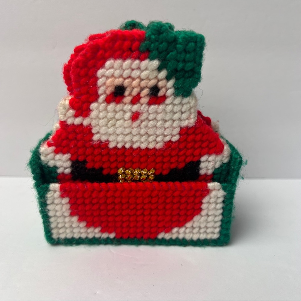 Vintage Santa Claus needlepoint plastic canvas coasters with holder